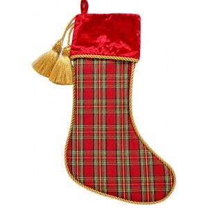 Christmas Stocking Plaid Gold Tassels Braid Velvet Top Satin Lined Green Red 20"
